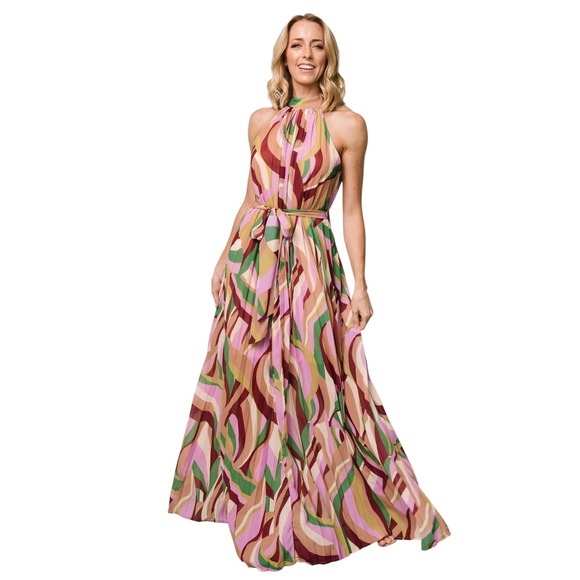 Flying Tomato As Time Goes Woven Halter Maxi Dress Pleated Abstract Print Size M - Picture 1 of 12